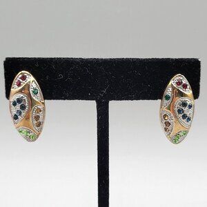 Gold and Silver Tone Rhinestones Oval Post Earrings Textured Backing